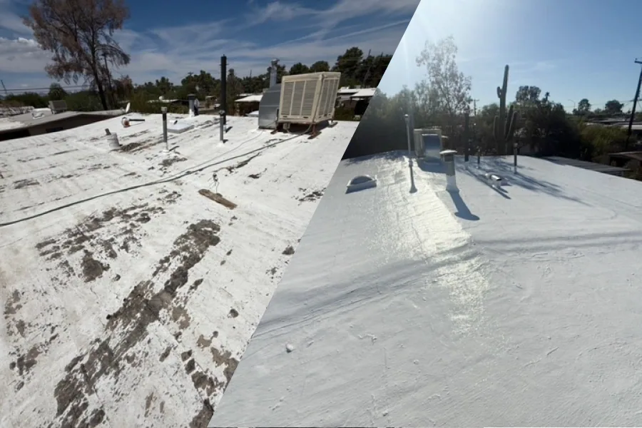 A worn flat roof before and after recoating