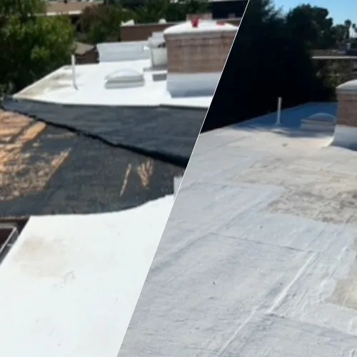 A dark base layer beside a finished white coating on a flat roof