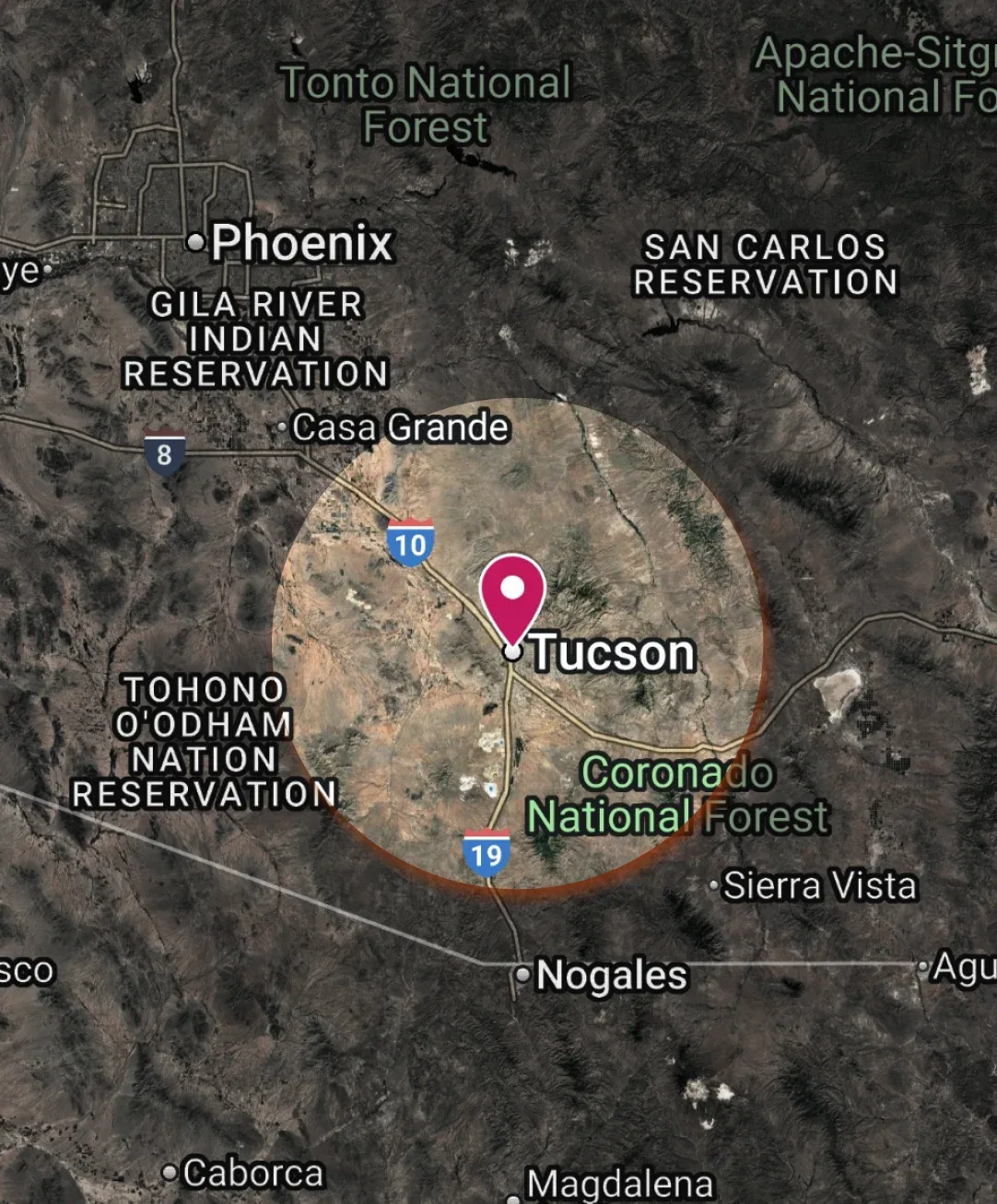 A map of the Tucson area Desert Star Roof Coating serves